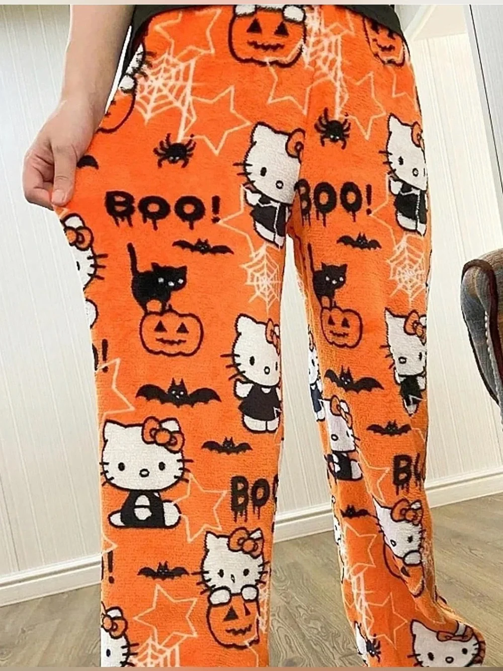 Brand New Hello Kitty Halloween Plush Pajama Pants | Orange Kids XL